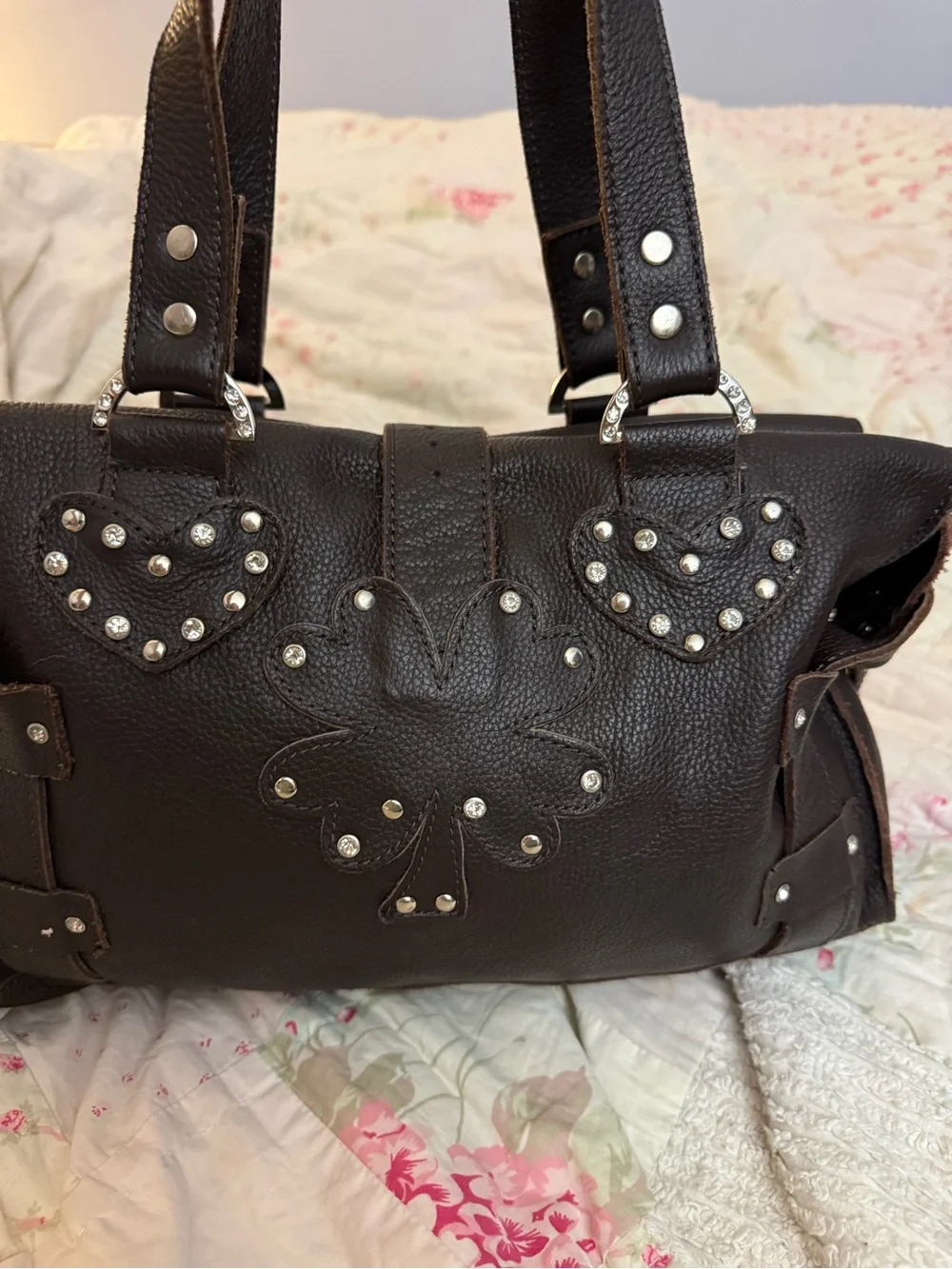 Hand Crafted Dark Brown Genuine Leather Biker Satchel Bag with Stud Heart Pocket